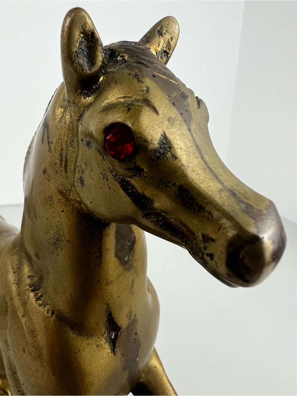 Vintage Solid Brass Horse Statue Red Rhinestone Eyes Mid Century Decor - Picture 10 of 13